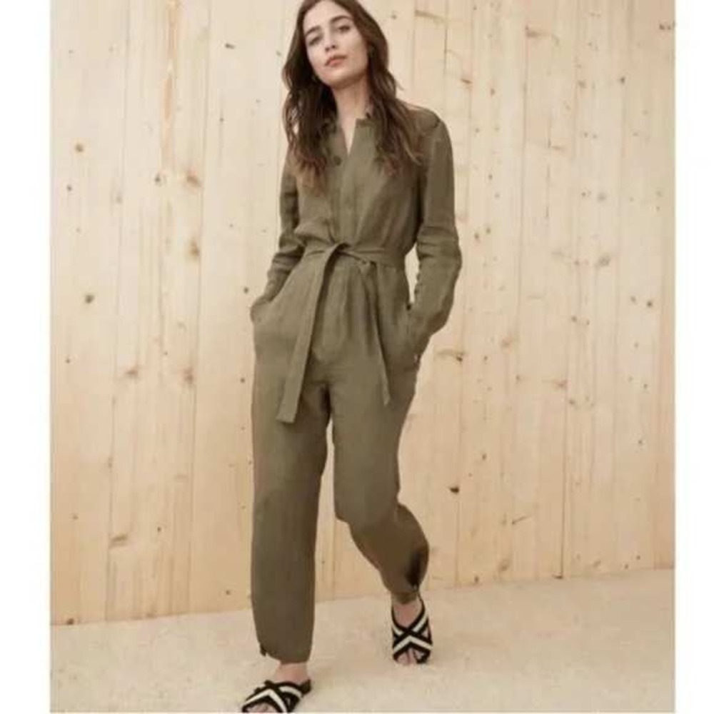 Jenni Kayne Womens 100% Linen Long Sleeve Belted Jumpsuit Olive Green Size Small